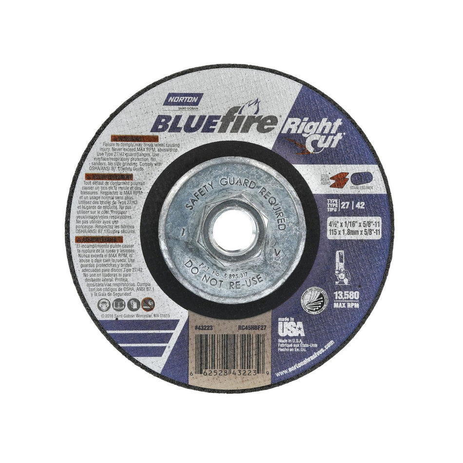 Norton 4-1/2 in x 1/16 in x 5/8 in-11 BlueFire Type 42 Cut-Off Wheel AO 36 Grit R, 10-Pack