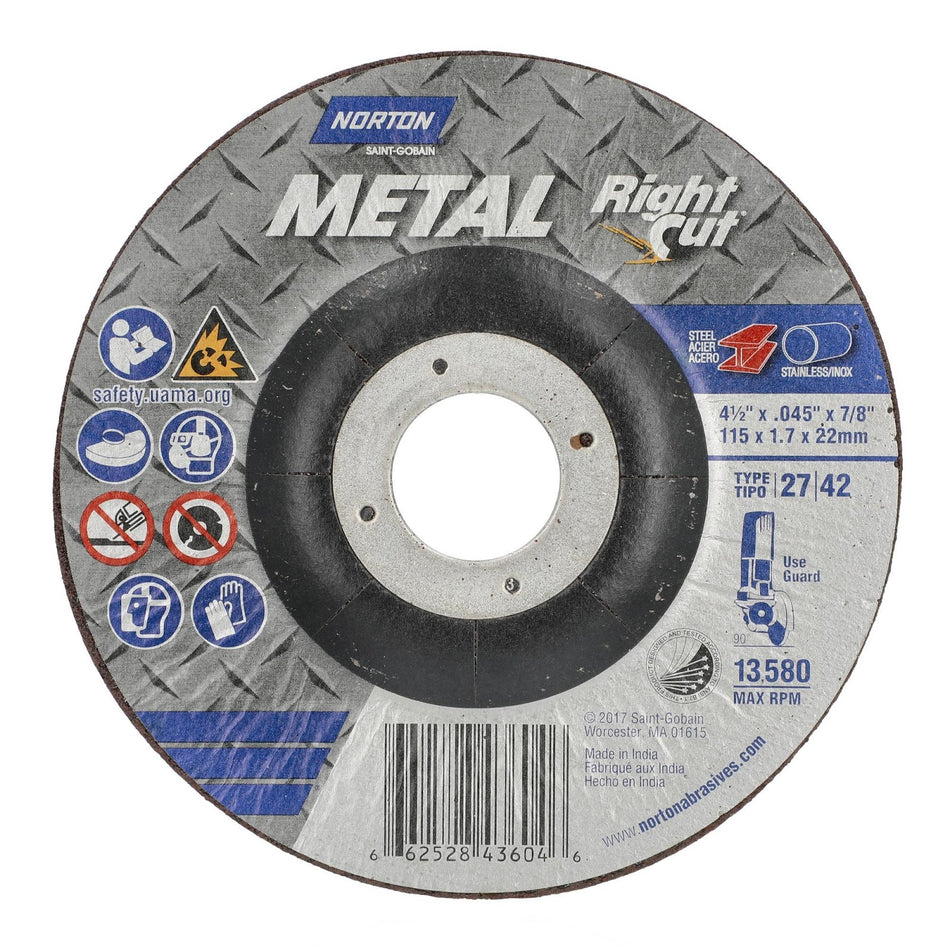 Norton 4-1/2 x 0.045 x 7/8 in Metal Type 42 Cut-Off Wheel AO 36 Grit Q B, 25-Pack
