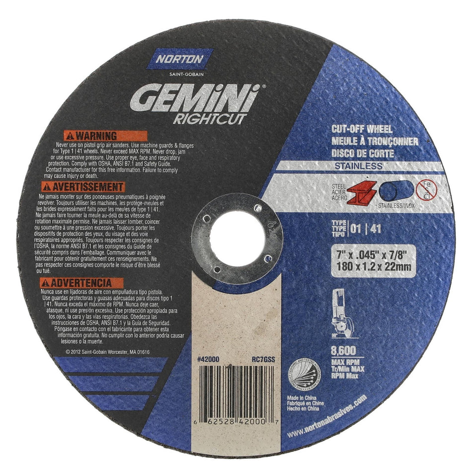 Norton 7 x 0.045 in Gemini Type 41 Cut-Off Wheel AO 60 Grit V, 20-Pack