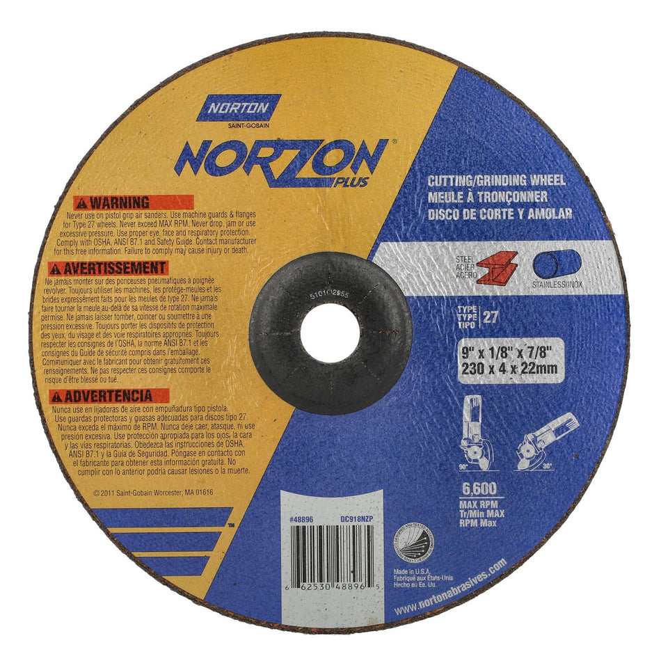 Norton 9 x 1/8 x 7/8 in NorZon Plus Type 27 Grinding Wheel CA 24 Grit U, 20-Pack