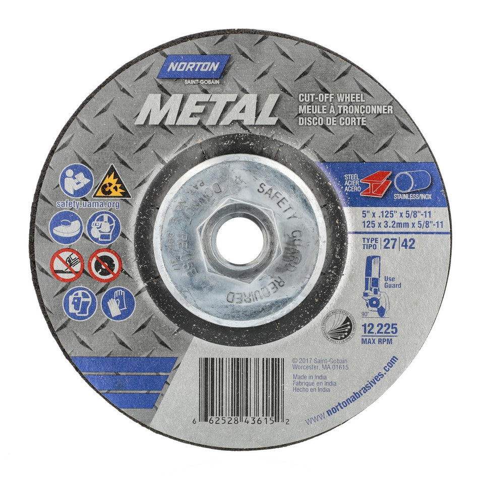 Norton 5 in x 1/8 in x 5/8 in-11 Metal Type 27 Grinding Wheel AO 24 Grit T B, 10-Pack