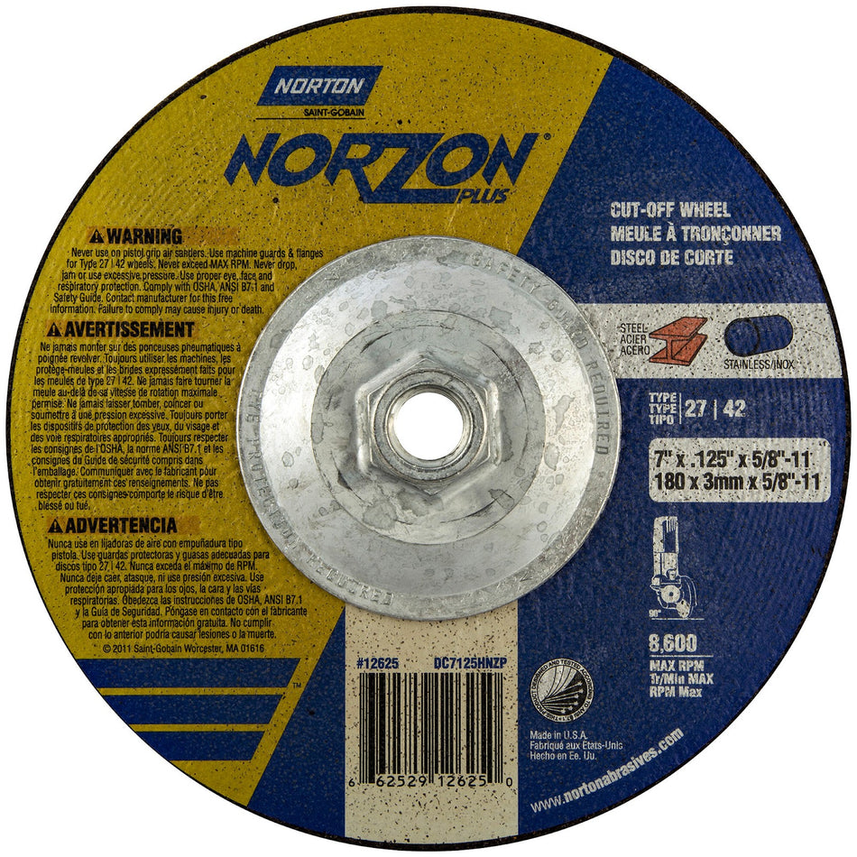 Norton 7 in x 0.125 in x 5/8 in-11 NorZon Plus Type 42 Cut-Off Wheel CA 30 Grit U, 10-Pack