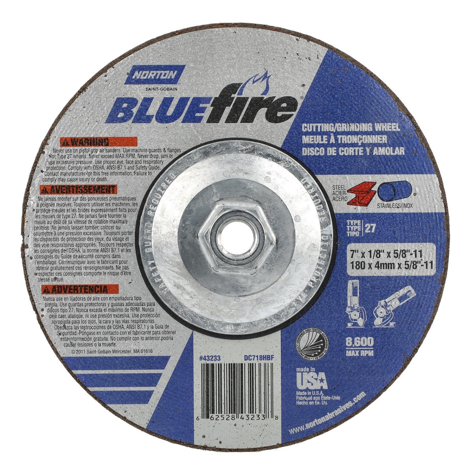 Norton 7 x 1/8 in BlueFire Type 27 Grinding Wheel ZA 30 Grit U, 10-Pack