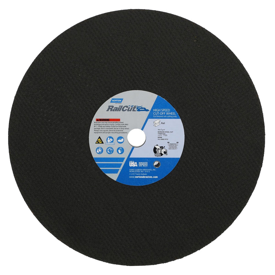 Norton 14 x 1/8 x 1 In. RailCut NorZon III Reinforced Rail Cut-Off Wheel 4NZ 30 R BNA Type 01/41, 10-Pack