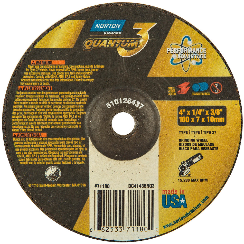 Norton 4 x 1/4 x 3/8 in Quantum3 Type 27 Grinding Wheel CA 20 Grit S, 25-Pack