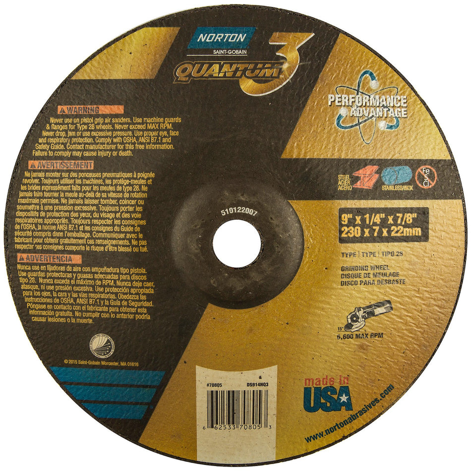 Norton 9 x 1/4 x 7/8 in Quantum3 Type 28 Grinding Wheel CA 20 Grit R, 20-Pack