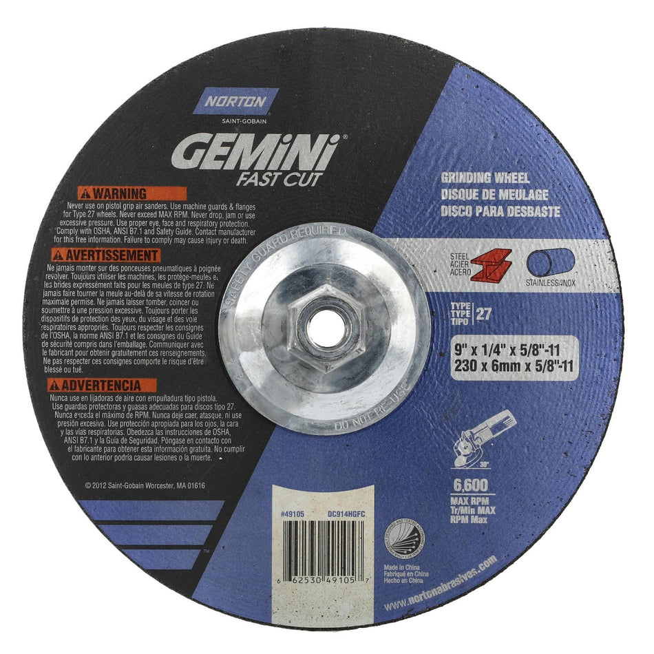 Norton 9 in x 1/4 in x 5/8 in-11 Gemini Type 27 Grinding Wheel AO 24 Grit N, 10-Pack