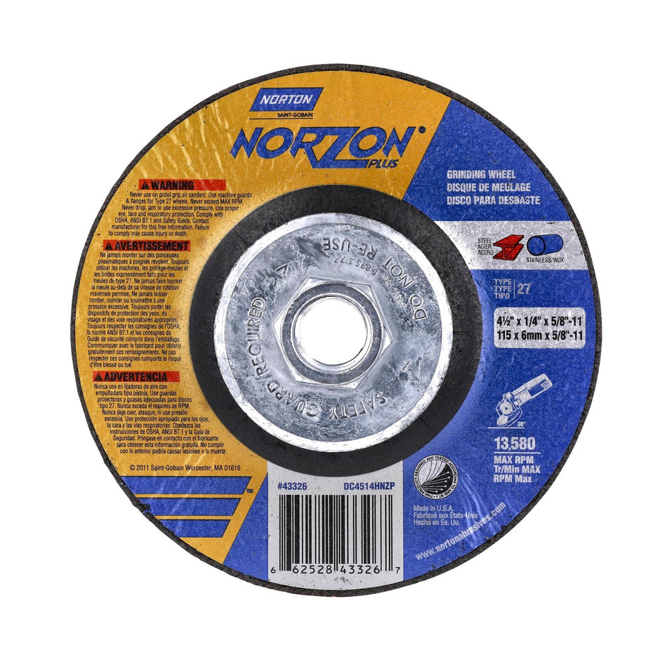 Norton 4-1/2 x 1/4 in NorZon Plus Type 27 Grinding Wheel CA 20 Grit Q, 10-Pack