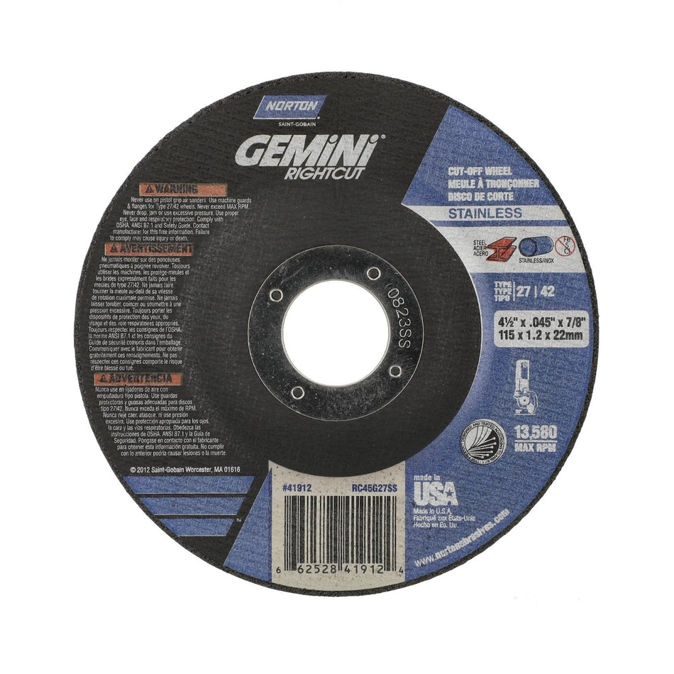 Norton 4-1/2 x 0.045 x 7/8 in Gemini Type 42 Cut-Off Wheel AO 46 Grit R, 25-Pack