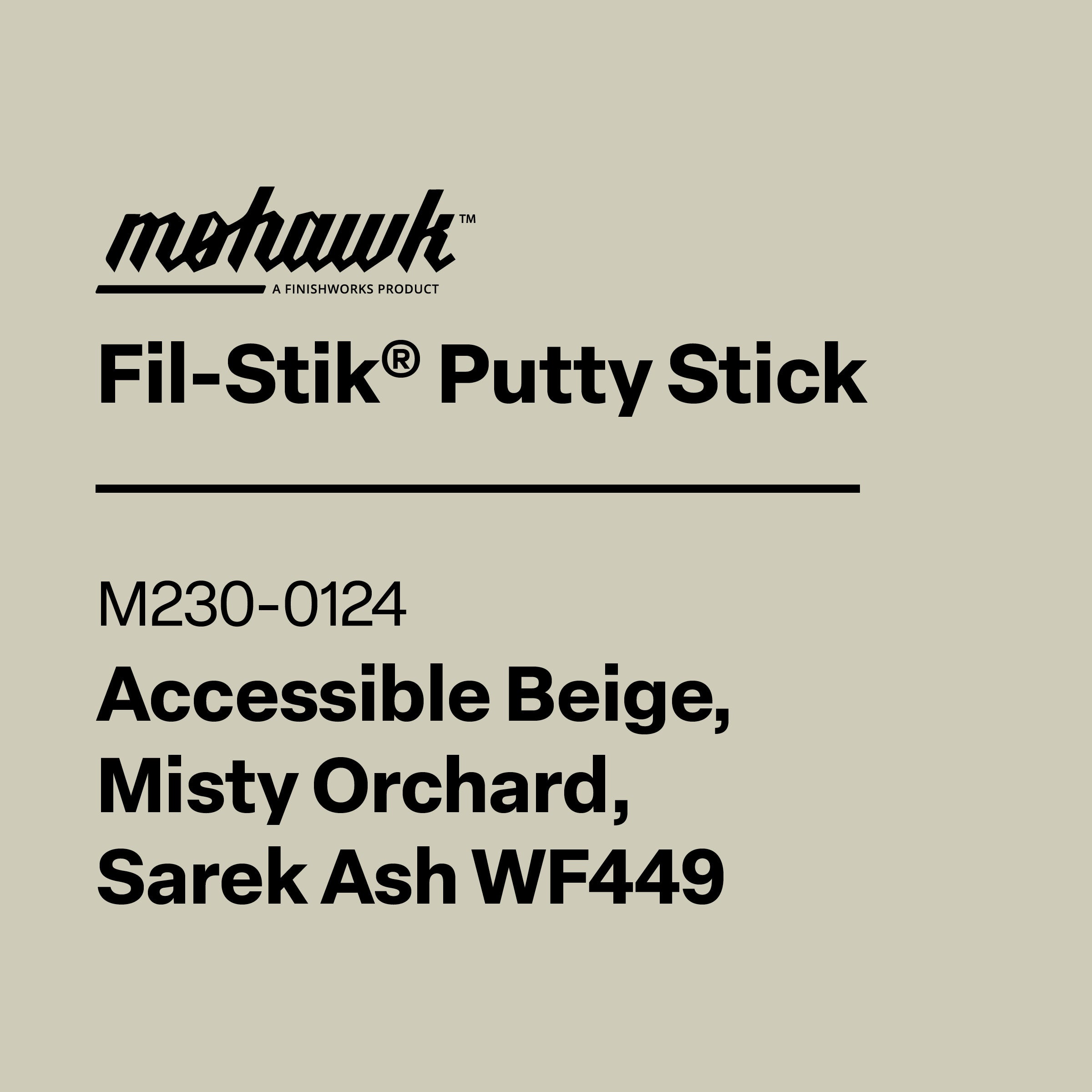 Product label for Mohawk Fil-Stik Putty Stick with color options on a beige background