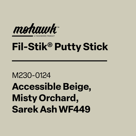 Product label for Mohawk Fil-Stik Putty Stick with color options on a beige background