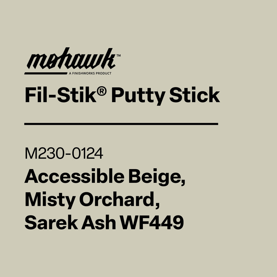 Product label for Mohawk Fil-Stik Putty Stick with color options on a beige background