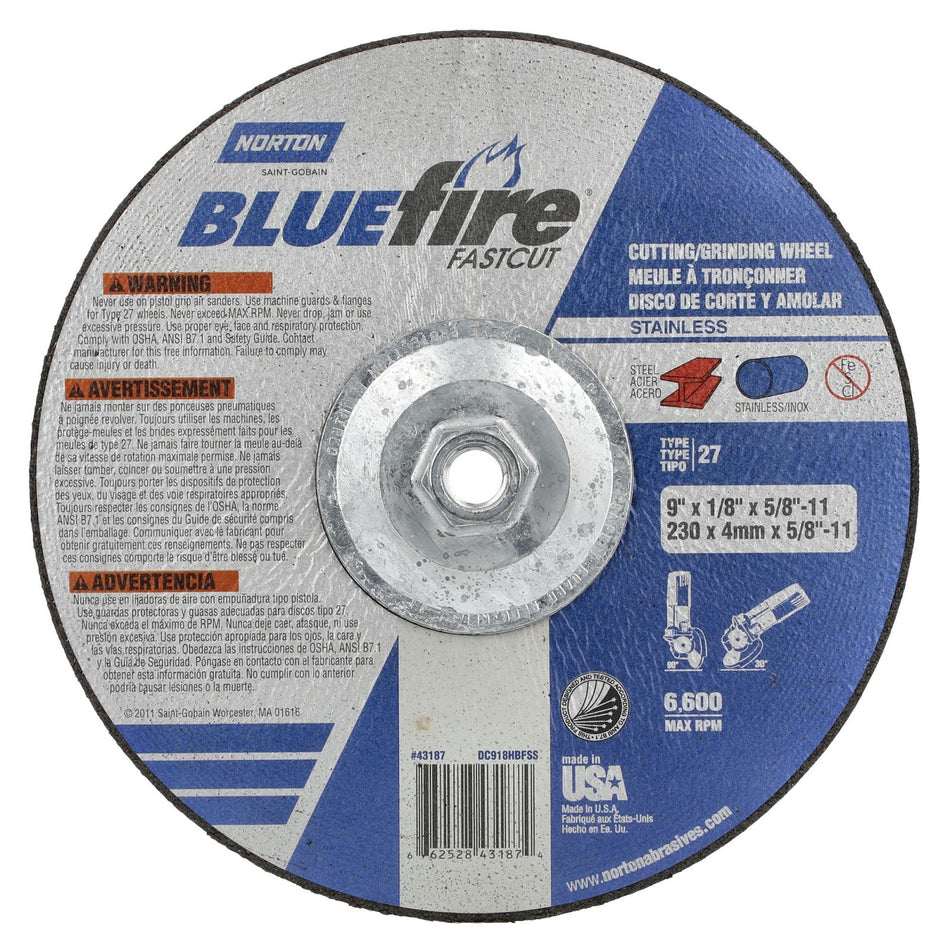 Norton 9 in x 1/8 in x 5/8 in-11 BlueFire Type 27 Grinding Wheel ZA 30 Grit U, 10-Pack