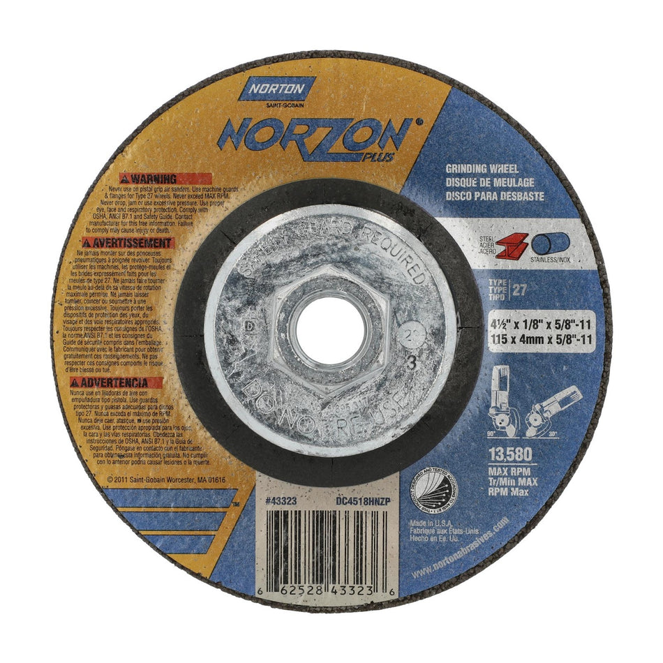 Norton 4-1/2 x 1/8 in NorZon Plus Type 27 Grinding Wheel CA 24 Grit S, 10-Pack