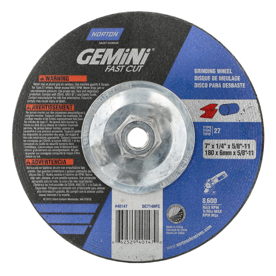 Norton 7 in x 1/4 in x 5/8 in-11 Gemini Type 27 Grinding Wheel AO 24 Grit N B, 10-Pack