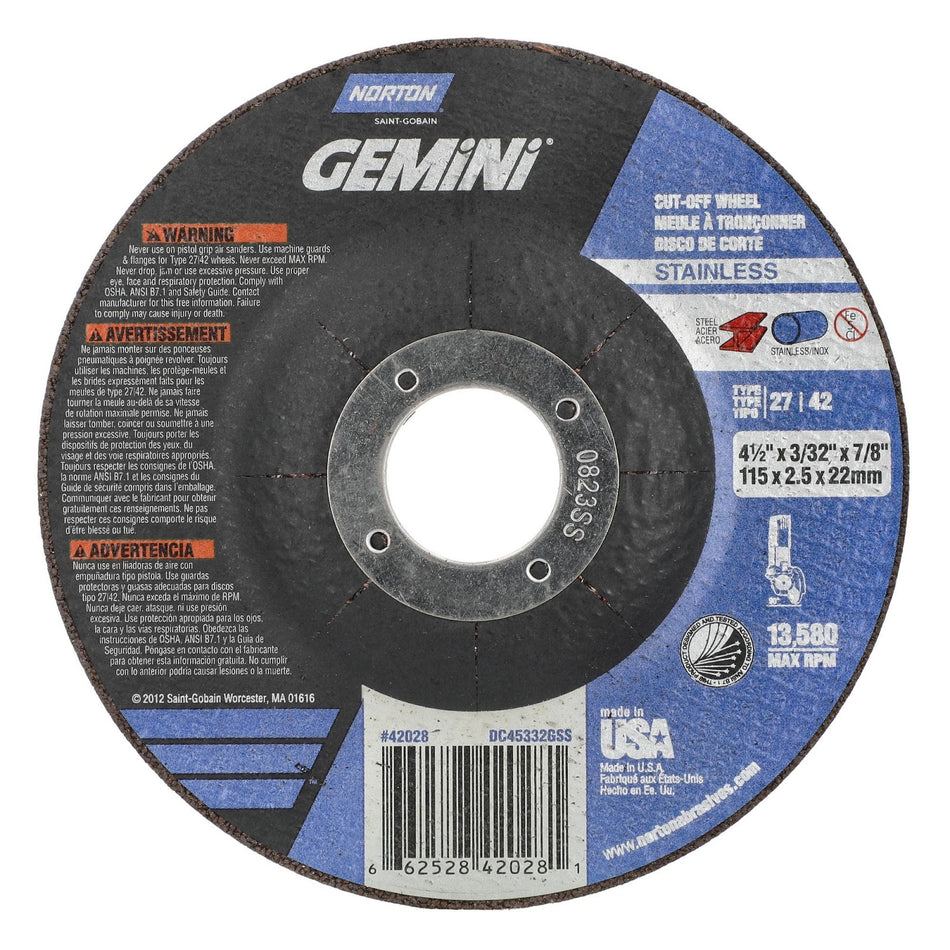 Norton 4-1/2 x 3/32 x 7/8 in Gemini Type 42 Cut-Off Wheel AO 30 Grit R, 25-Pack