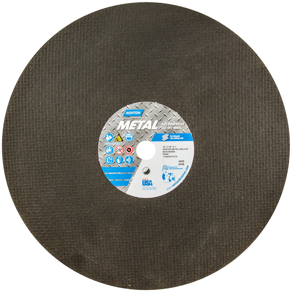 Norton 16 x 1/8 x 1 in RailCut Metal Type 01 Reinforced Cut-Off Wheel AO 24 Grit R BNA, 10-Pack