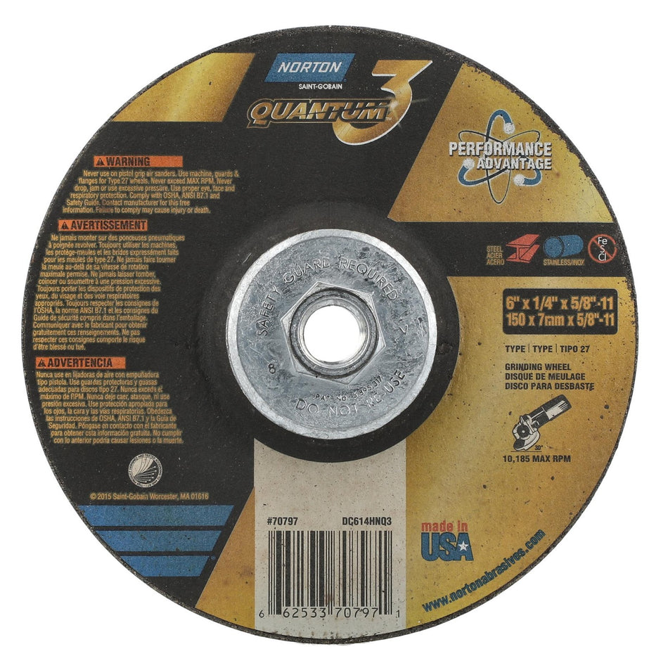Norton 6 in x 1/4 in x 5/8 in-11 Quantum3 Type 27 Grinding Wheel CA 20 Grit Q, 10-Pack