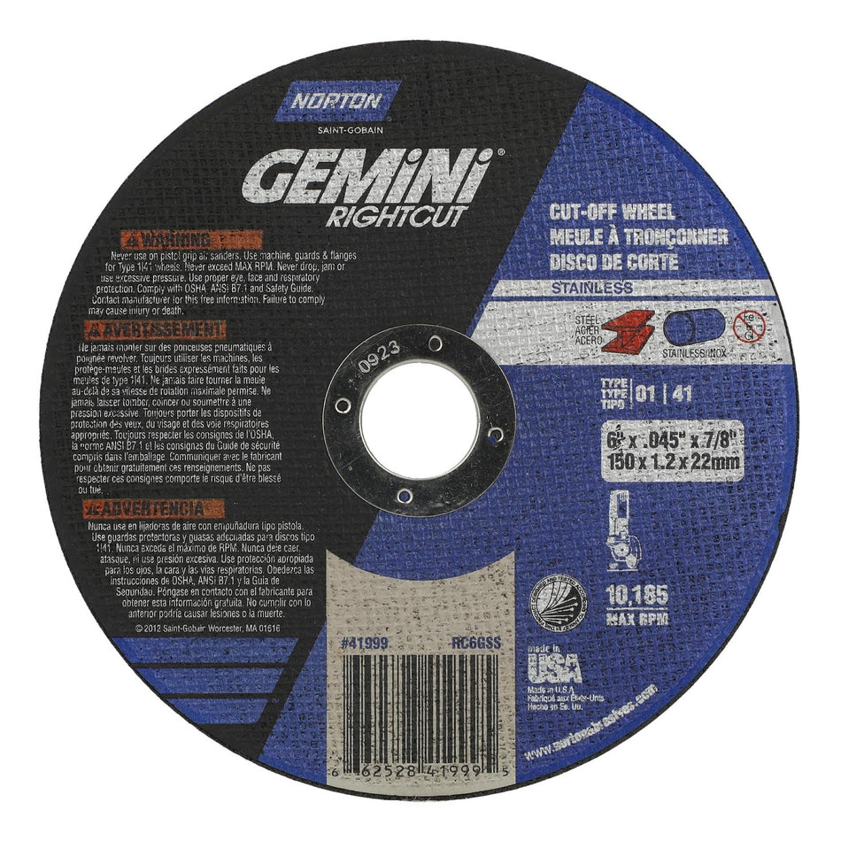 Norton 6 x 0.045 x 7/8 in Gemini Type 41 Cut-Off Wheel AO 36 Grit Q, 25-Pack