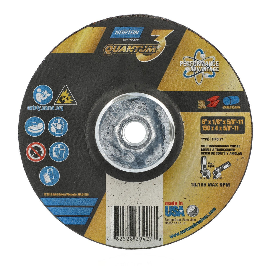 Norton 6 in x 1/8 in x 5/8 in-11 Quantum3 Type 27 Grinding Wheel CA 24 Grit S, 10-Pack
