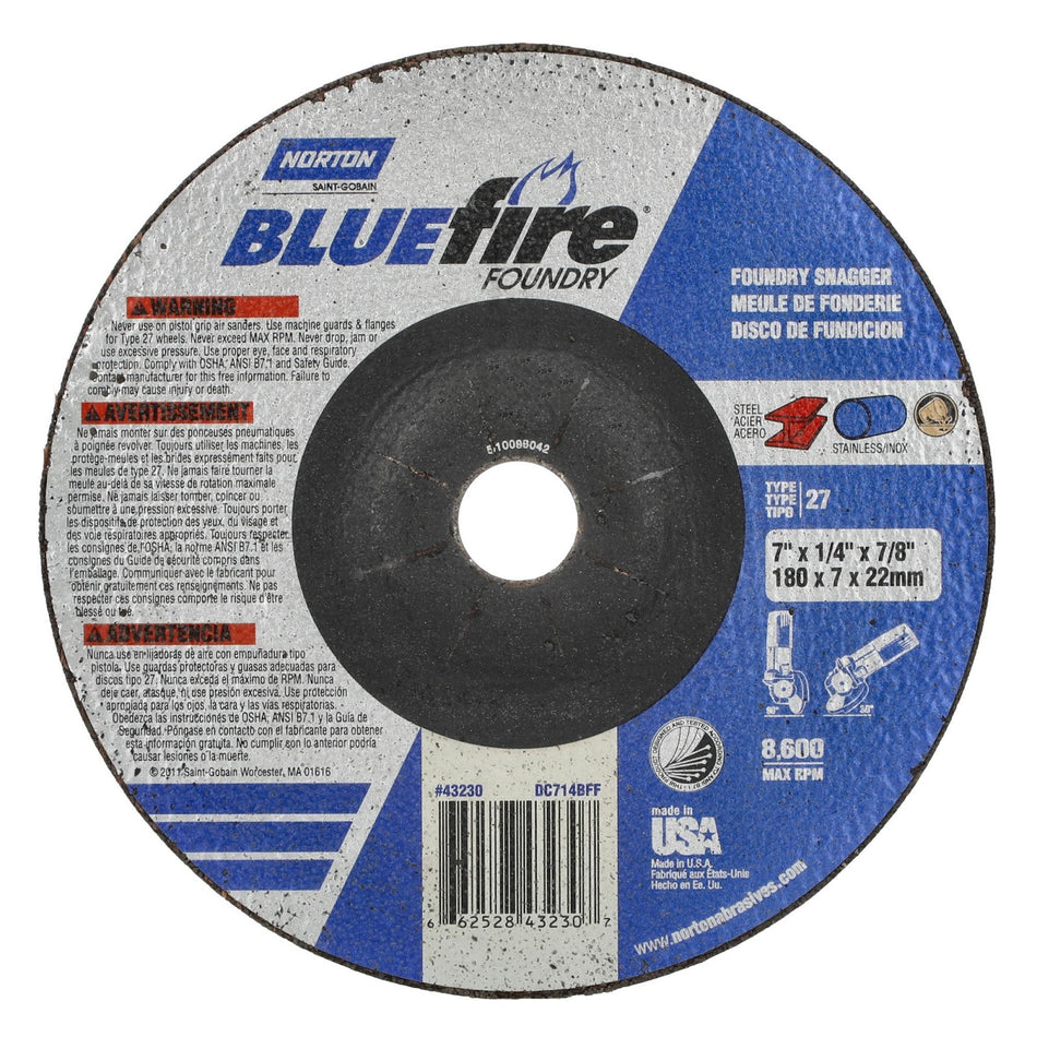 Norton 7 x 1/4 in BlueFire Type 27 Grinding Wheel ZA/SC 20 Grit T, 20-Pack