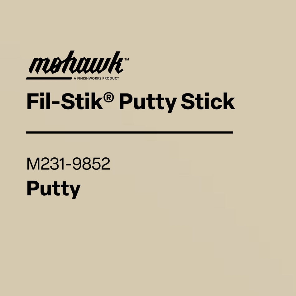 Mehawk Fil-Stik Putty Stick label on a beige background