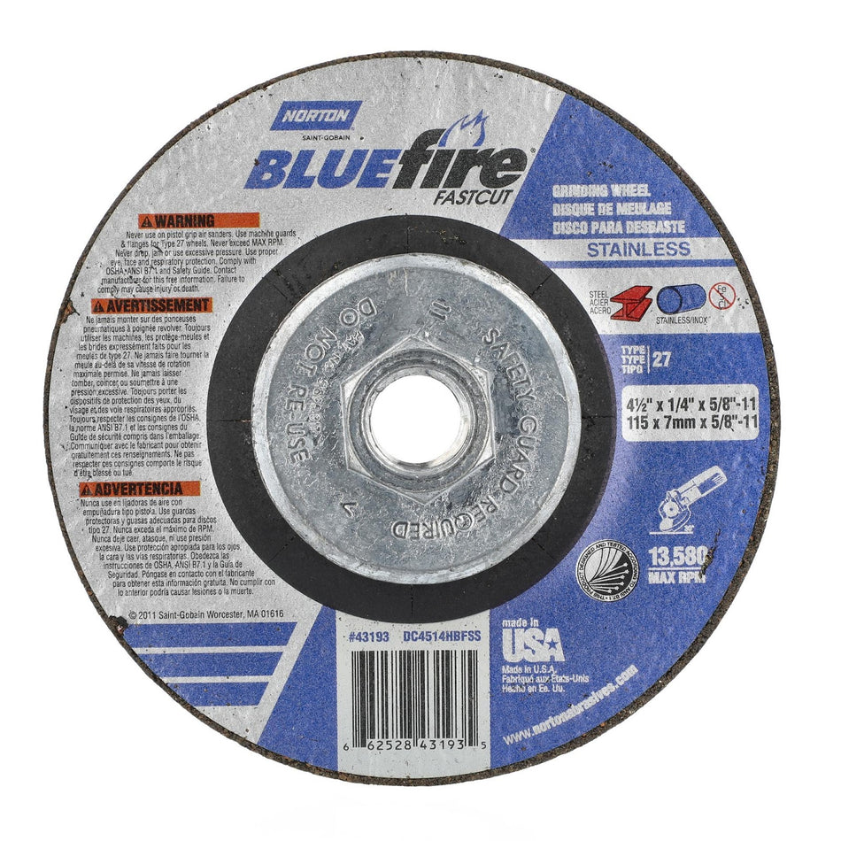 Norton 4-1/2 in x 1/4 in x 5/8 in-11 BlueFire Type 27 Grinding Wheel ZA 24 Grit S, 10-Pack