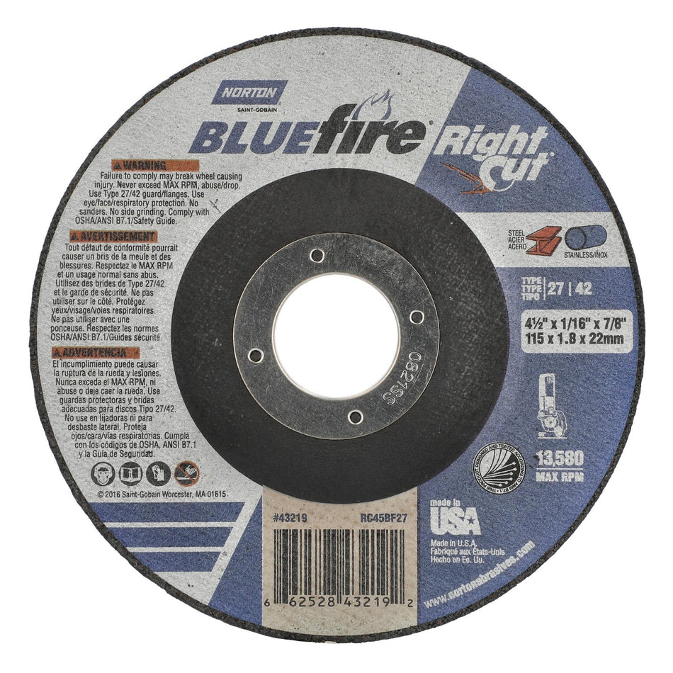 Norton 4-1/2 x 1/16 in BlueFire Type 42 Cut-Off Wheel AO 36 Grit R, 25-Pack