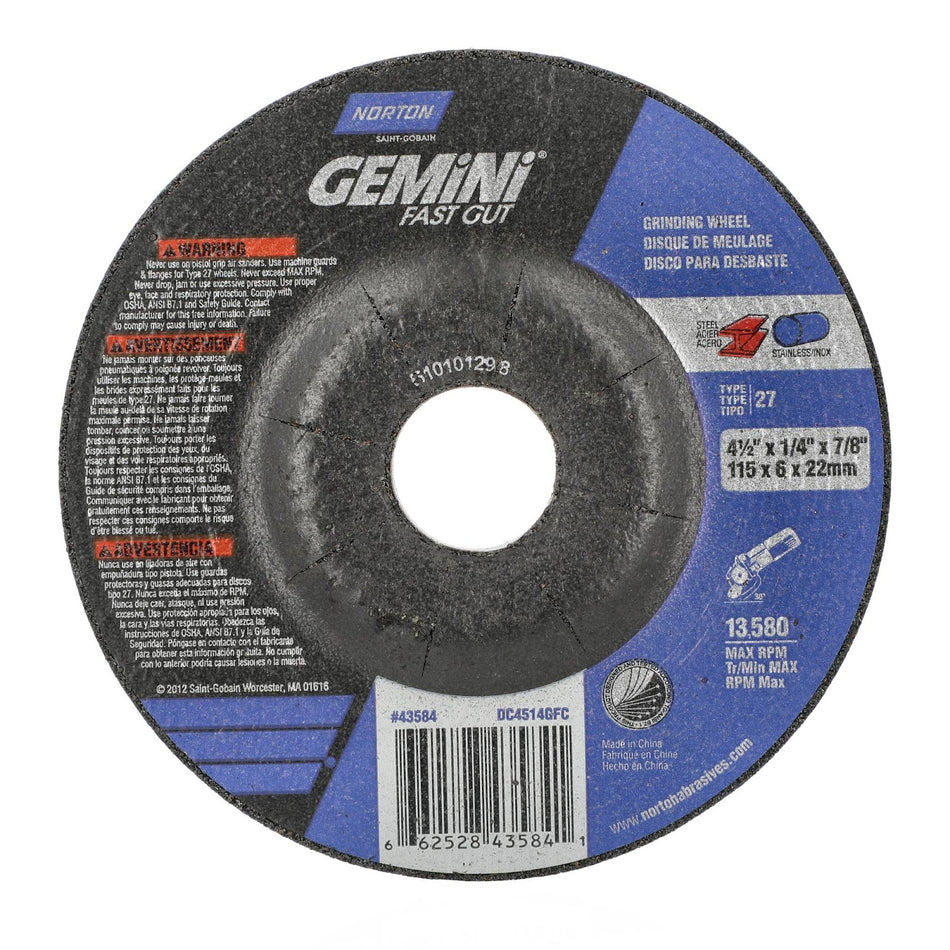 Norton 4-1/2 x 1/4 x 7/8 in Gemini Type 27 Grinding Wheel AO 24 Grit N B, 25-Pack