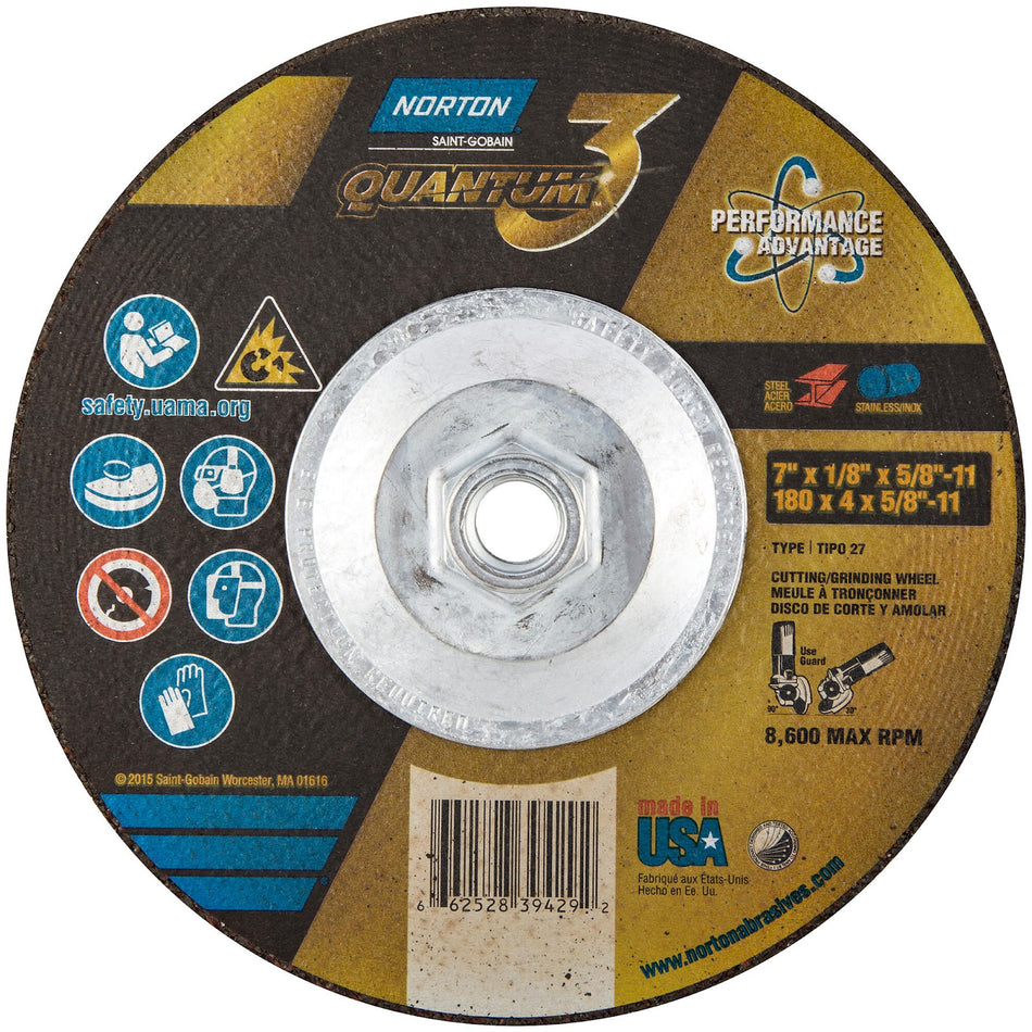 Norton 7 in x 1/8 in x 5/8 in-11 Quantum3 Type 27 Grinding Wheel CA 24 Grit U, 10-Pack