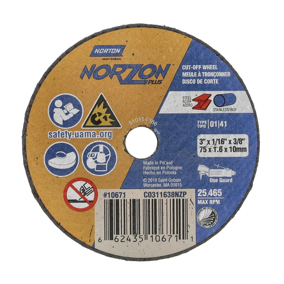 Norton 3 x 1/16 in NorZon Plus Type 41 Cut-Off Wheel CA 36 Grit T, 25-Pack