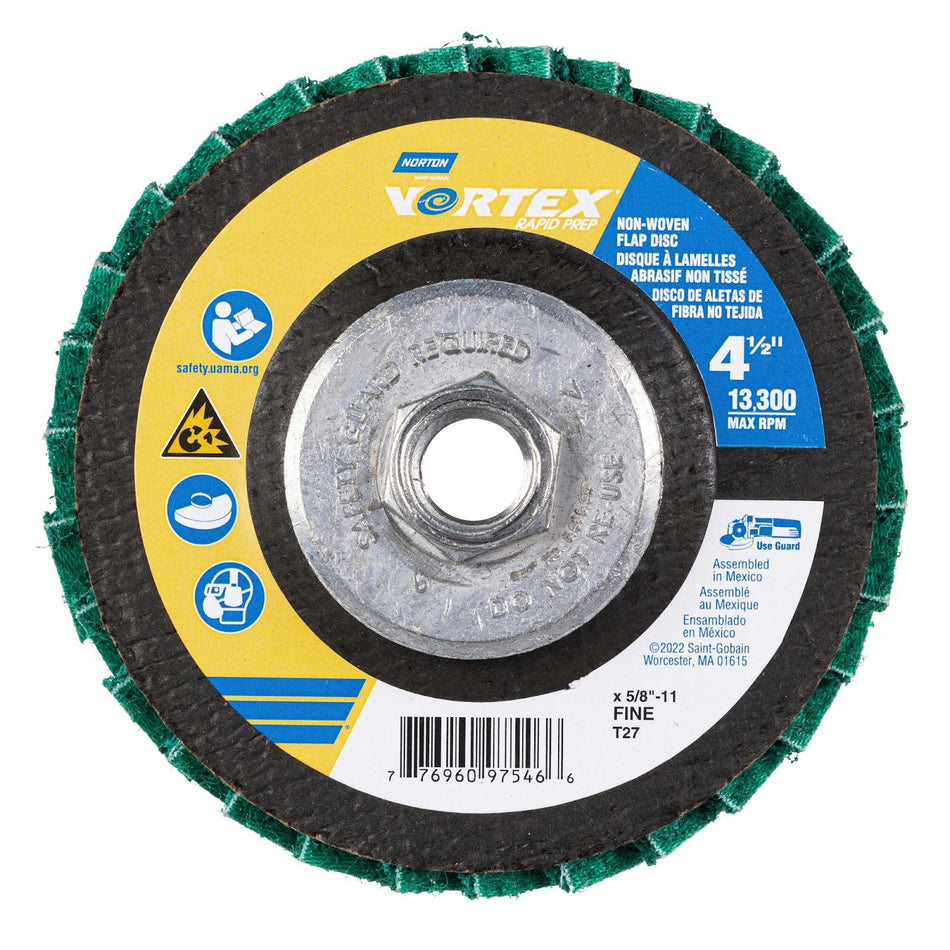 Norton 4-1/2 in Vortex Rapid Prep Fiberglass Non-Woven Flat Flap Disc Arbor Thread Type 27 Fine Grit Aluminum Oxide, 10-Pack
