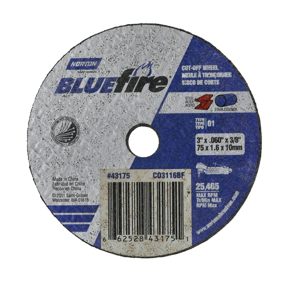 Norton 3 x 1/16 in BlueFire Type 41 Cut-Off Wheel ZA 46 Grit X, 25-Pack