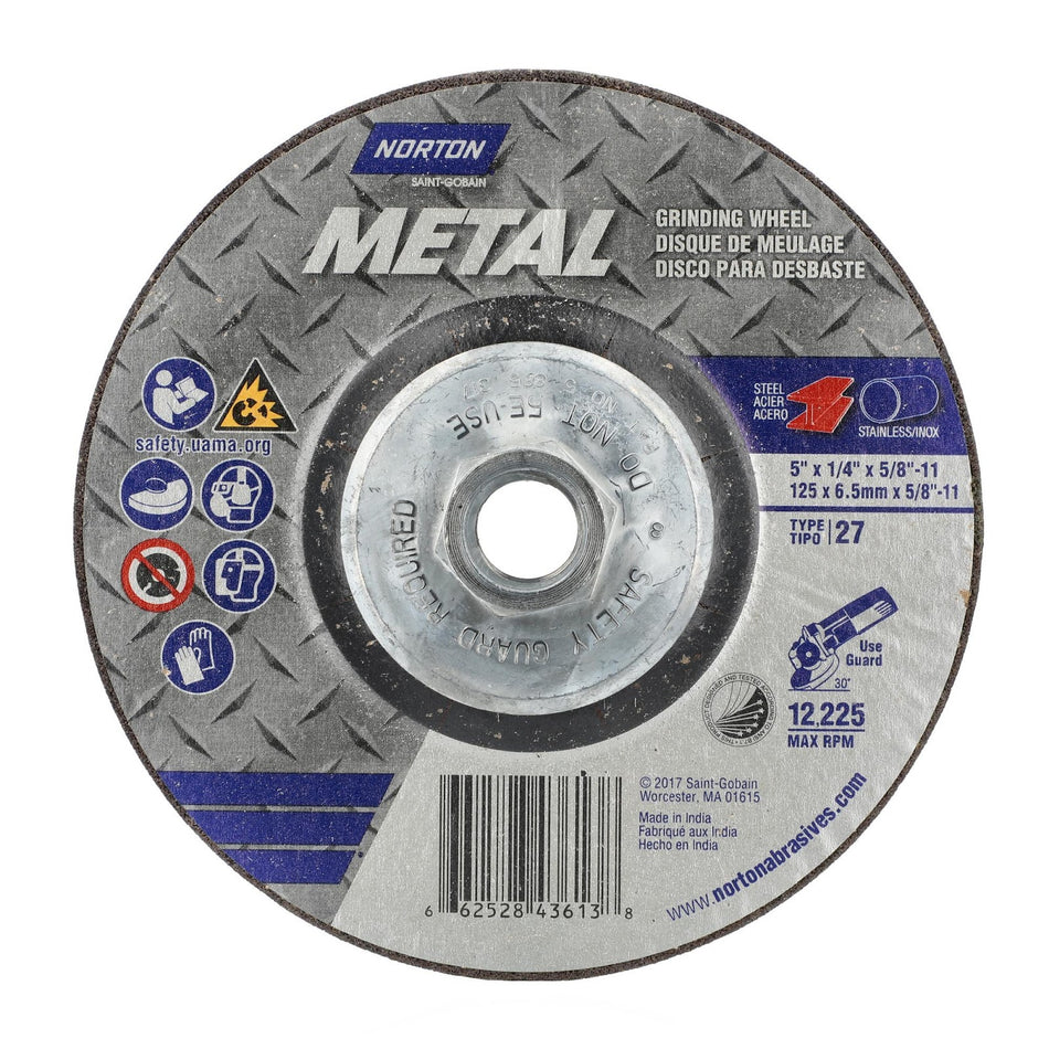 Norton 5 in x 1/4 in x 5/8 in-11 Metal Type 27 Grinding Wheel AO 24 Grit Q B, 10-Pack