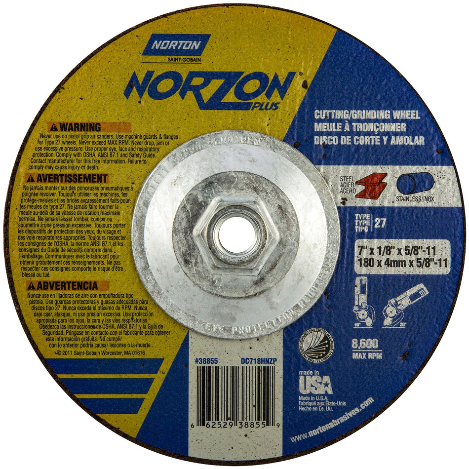 Norton 7 x 1/8 in NorZon Plus Type 27 Grinding Wheel CA 24 Grit U, 10-Pack
