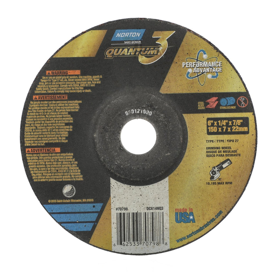 Norton 6 x 1/4 x 7/8 in Quantum3 Type 27 Grinding Wheel CA 20 Grit Q, 20-Pack