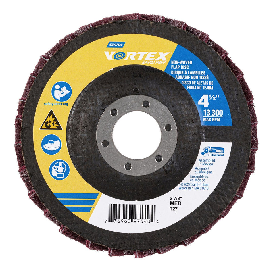 Norton 4-1/2 x 7/8 in Vortex Rapid Prep Fiberglass Non-Woven Flat Flap Disc Center Mount Type 27 Medium Grit Aluminum Oxide, 10-Pack