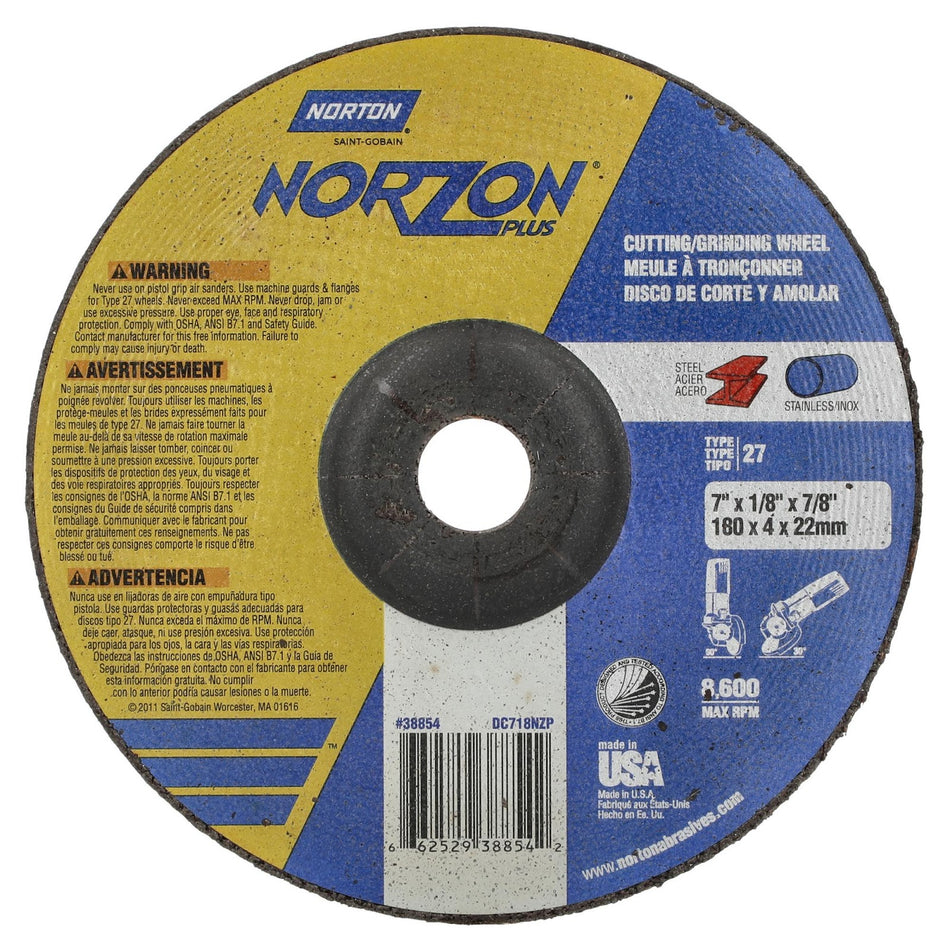 Norton 7 x 1/8 x 7/8 in NorZon Plus Type 27 Grinding Wheel CA 24 Grit T, 20-Pack