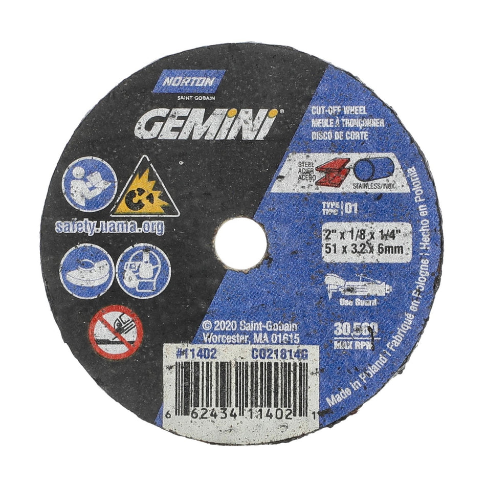 Norton 2 x 1/8 in Gemini Type 41 Cut-Off Wheel AO 36 Grit T, 25-Pack