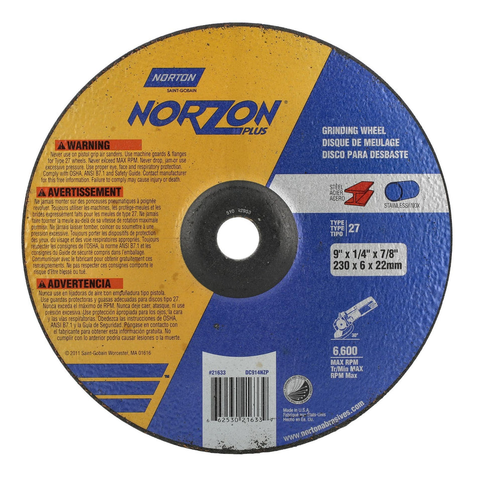 Norton 9 x 1/4 x 7/8 in NorZon Plus Type 27 Grinding Wheel ZA 20 Grit Q, 20-Pack