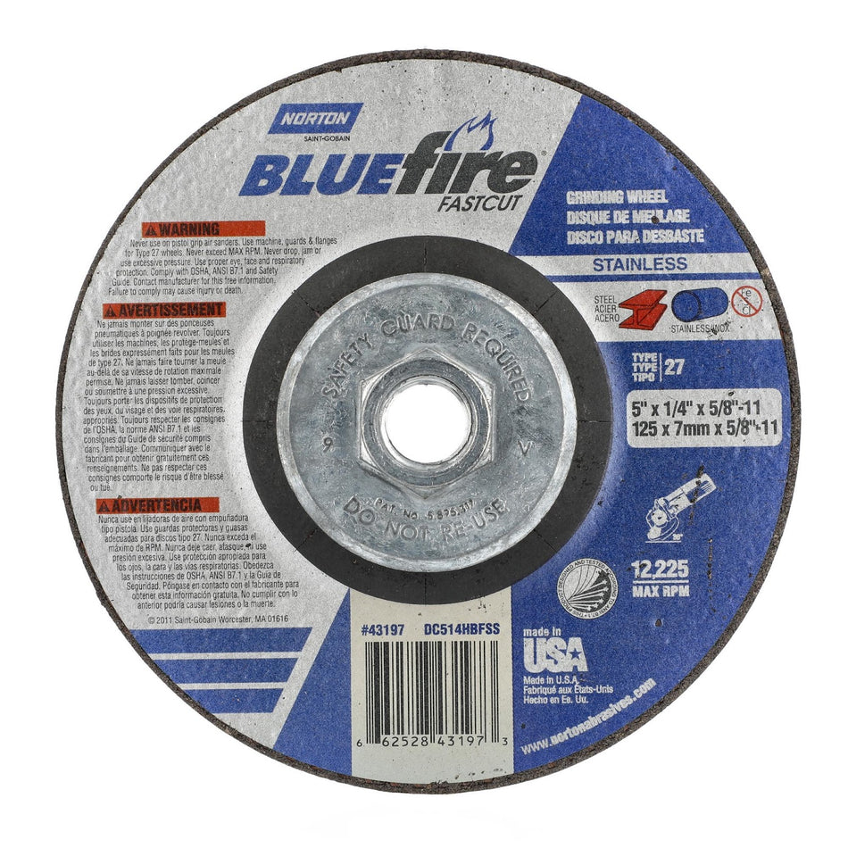 Norton 5 in x 1/4 in x 5/8 in-11 BlueFire Type 27 Grinding Wheel ZA 24 Grit S, 10-Pack