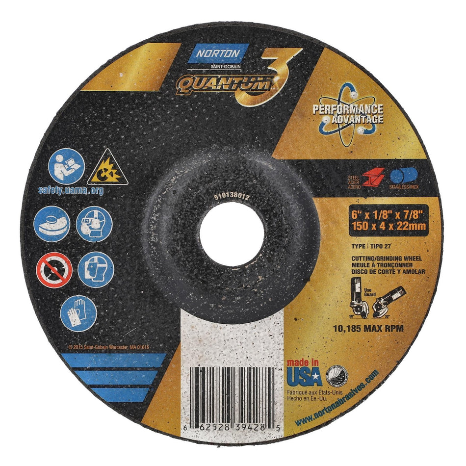 Norton 6 x 1/8 x 7/8 in Quantum3 Type 27 Grinding Wheel CA 24 Grit S, 20-Pack