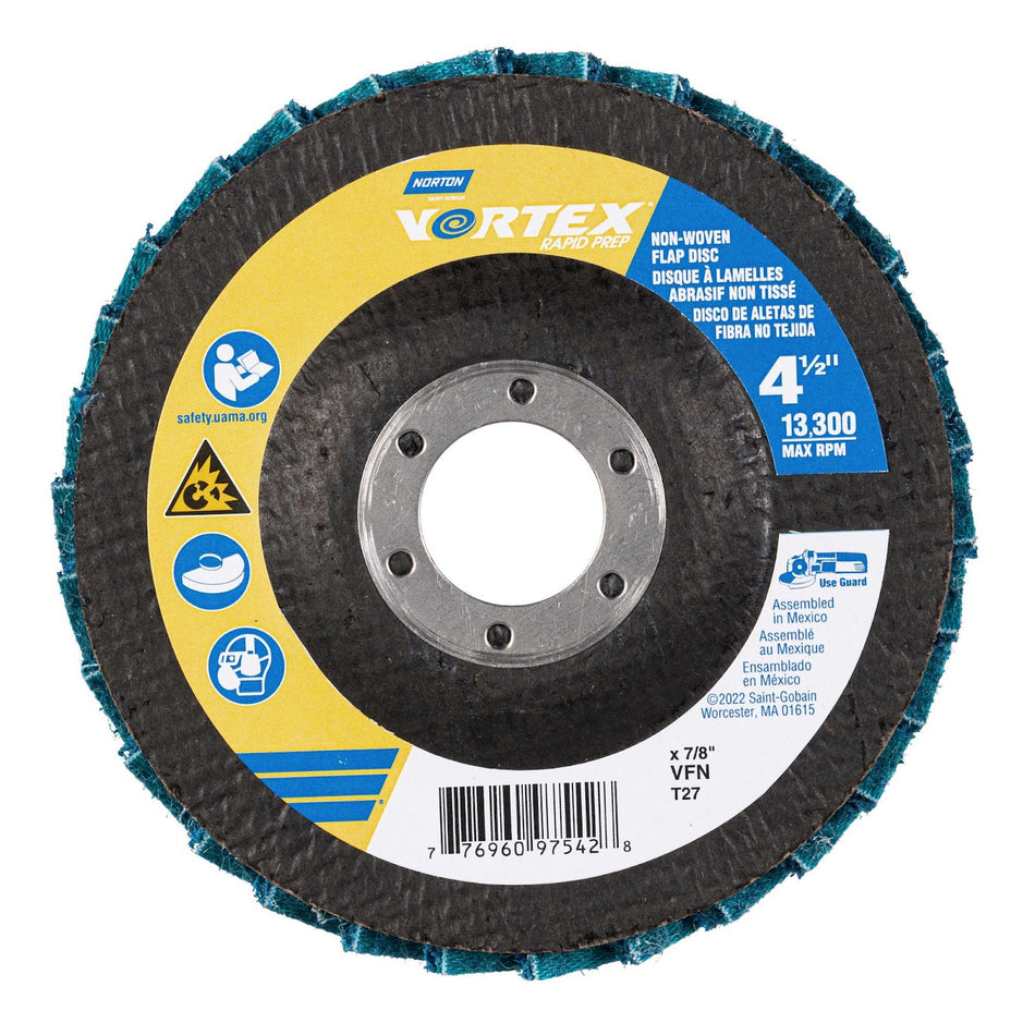 Norton 4-1/2 x 7/8 in Vortex Rapid Prep Fiberglass Non-Woven Flat Flap Disc Center Mount Type 27 Very Fine Grit Aluminum Oxide, 10-Pack
