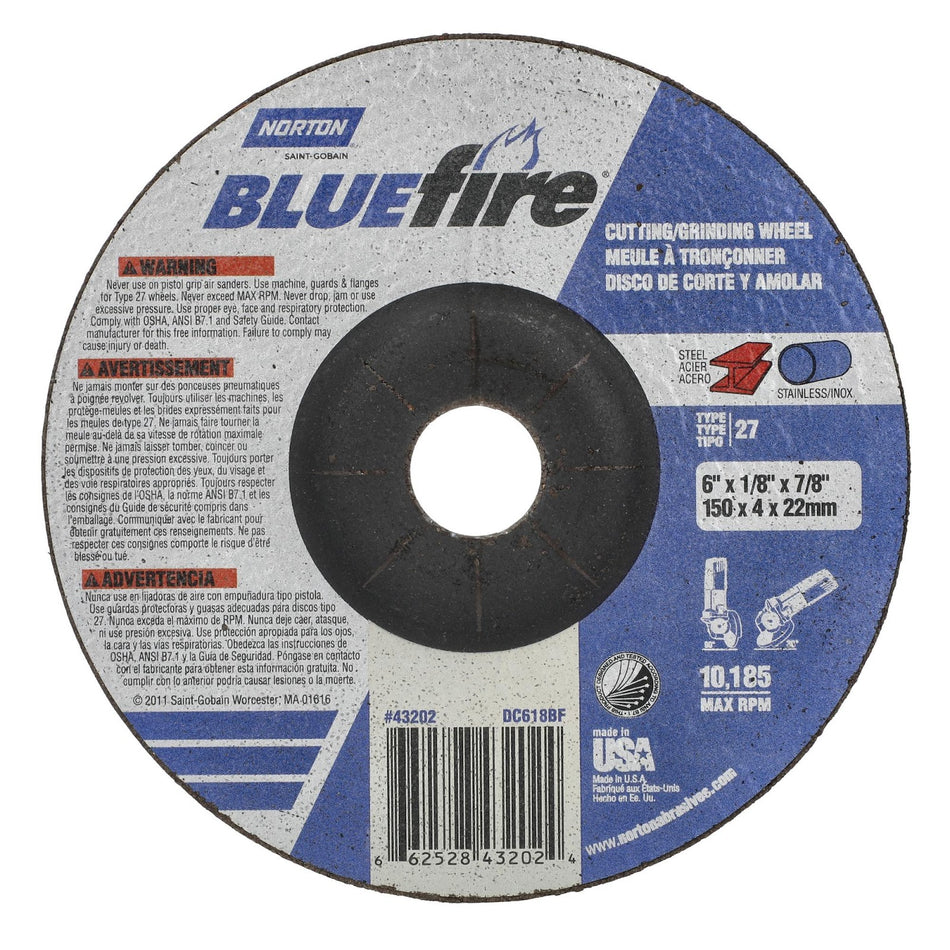 Norton 6 x 1/8 x 7/8 in BlueFire Type 27 Grinding Wheel ZA 30 Grit U, 20-Pack