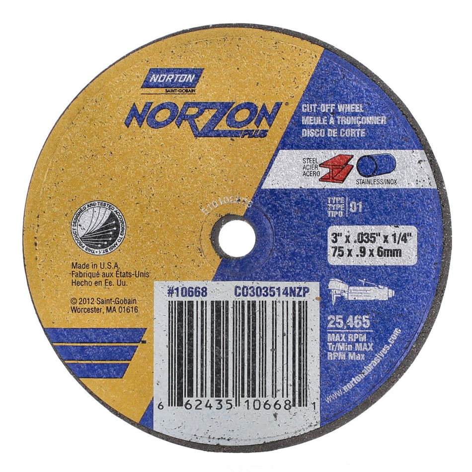 Norton 3 x 0.035 in NorZon Plus Type 41 Cut-Off Wheel CA 60 Grit T, 25-Pack