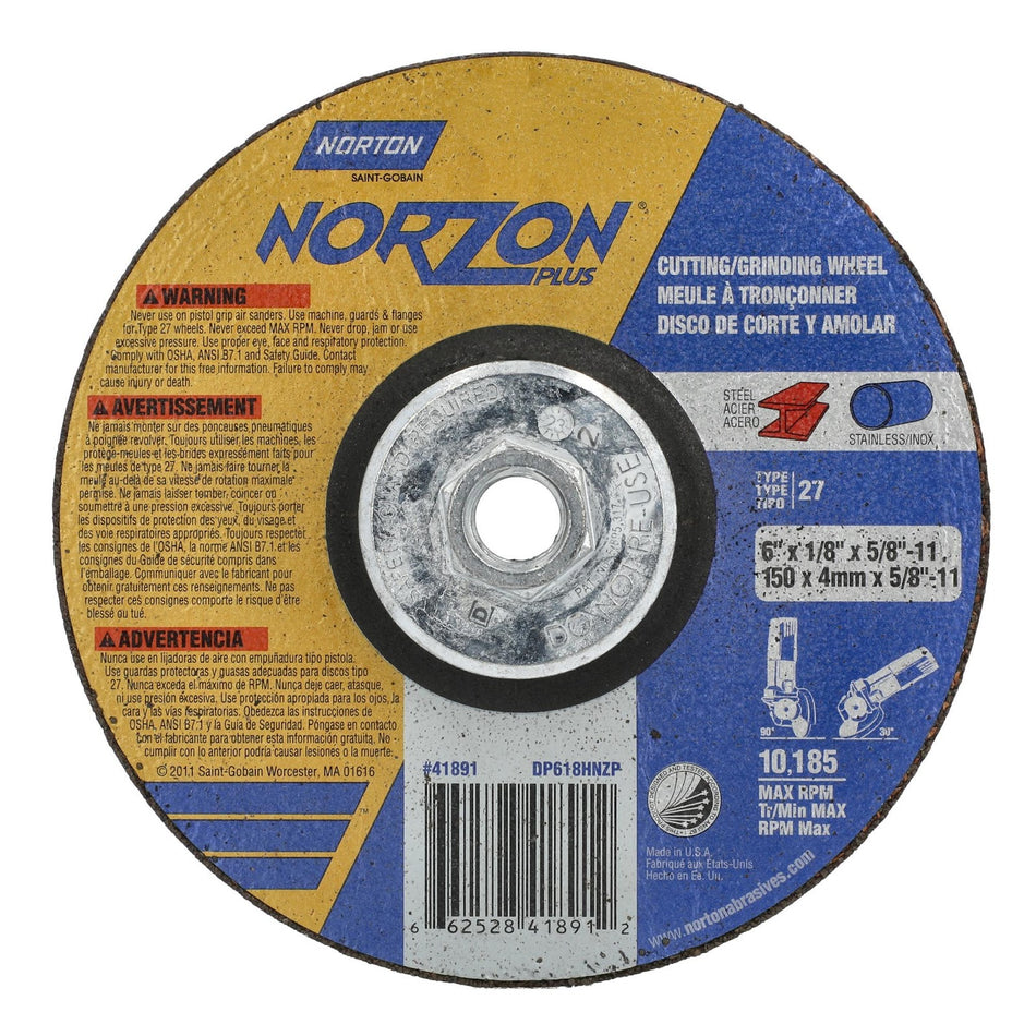 Norton 6 in x 1/8 in x 5/8 in-11 NorZon Plus Type 27 Grinding Wheel CA 24 Grit S, 10-Pack