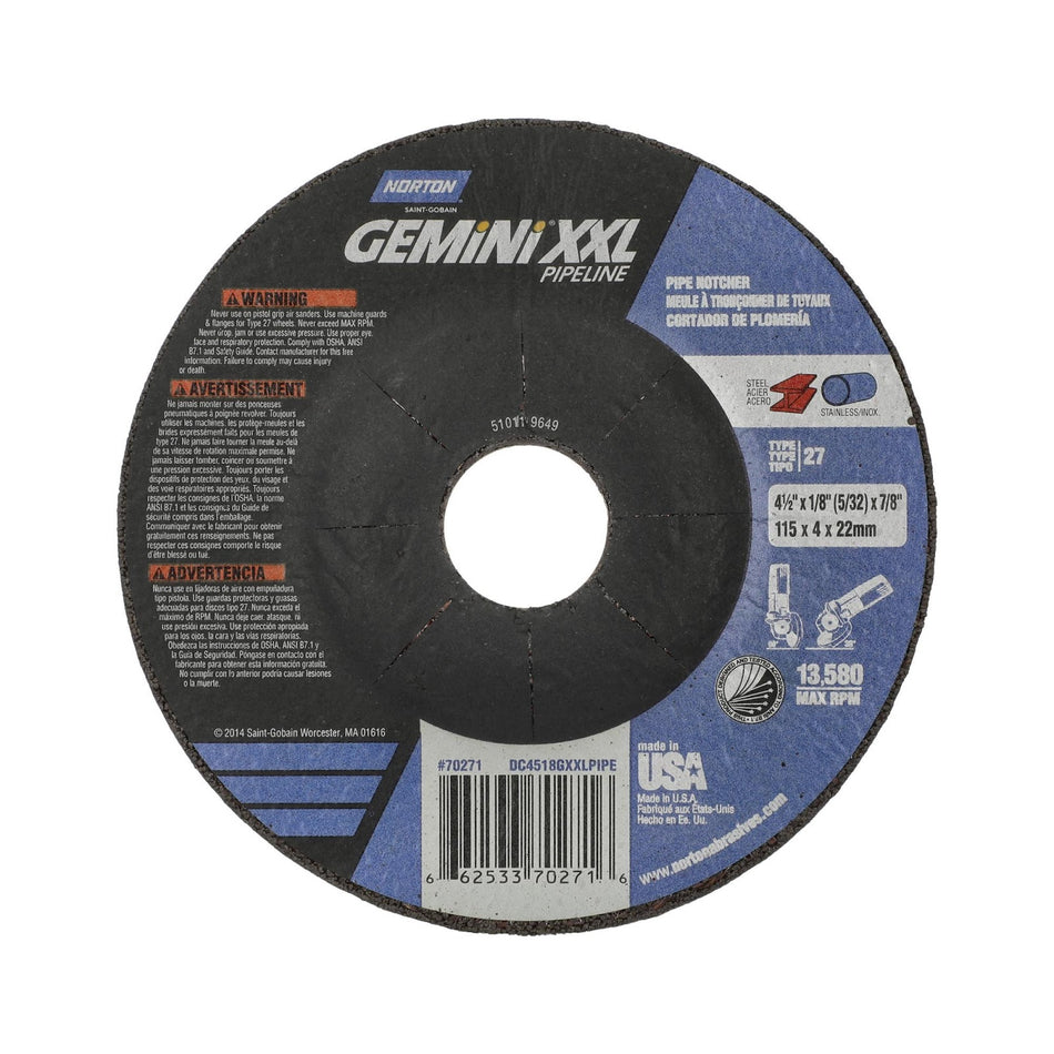 Norton 4-1/2 x 1/8 x 7/8 in Gemini XXL Type 27 Grinding Wheel AO 30 Grit V, 25-Pack