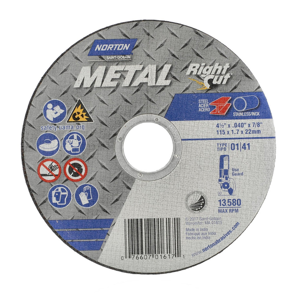 Norton 4-1/2 x 0.04 x 7/8 in Metal Type 41 Cut-Off Wheel AO 60 Grit Q B, 25-Pack