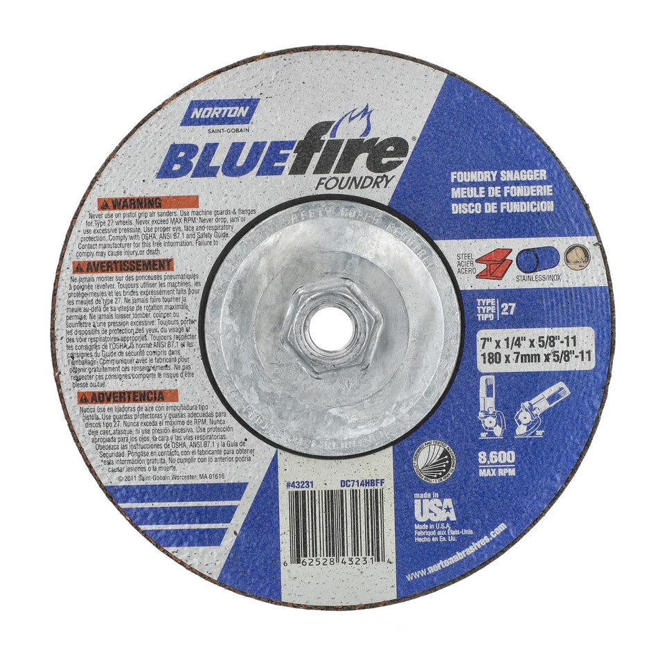 Norton 7 x 1/4 in BlueFire Type 27 Grinding Wheel ZA/SC 20 Grit T, 10-Pack