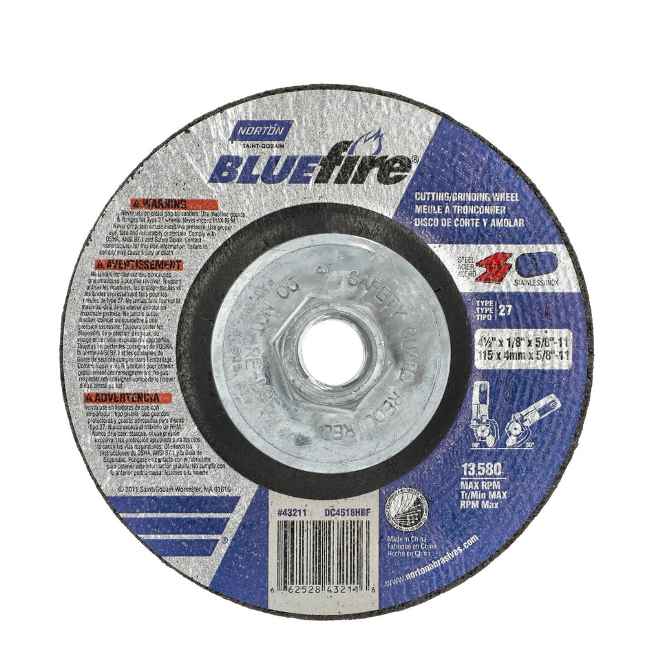 Norton 4-1/2 x 1/8 in BlueFire Type 27 Grinding Wheel ZA 30 Grit U, 10-Pack